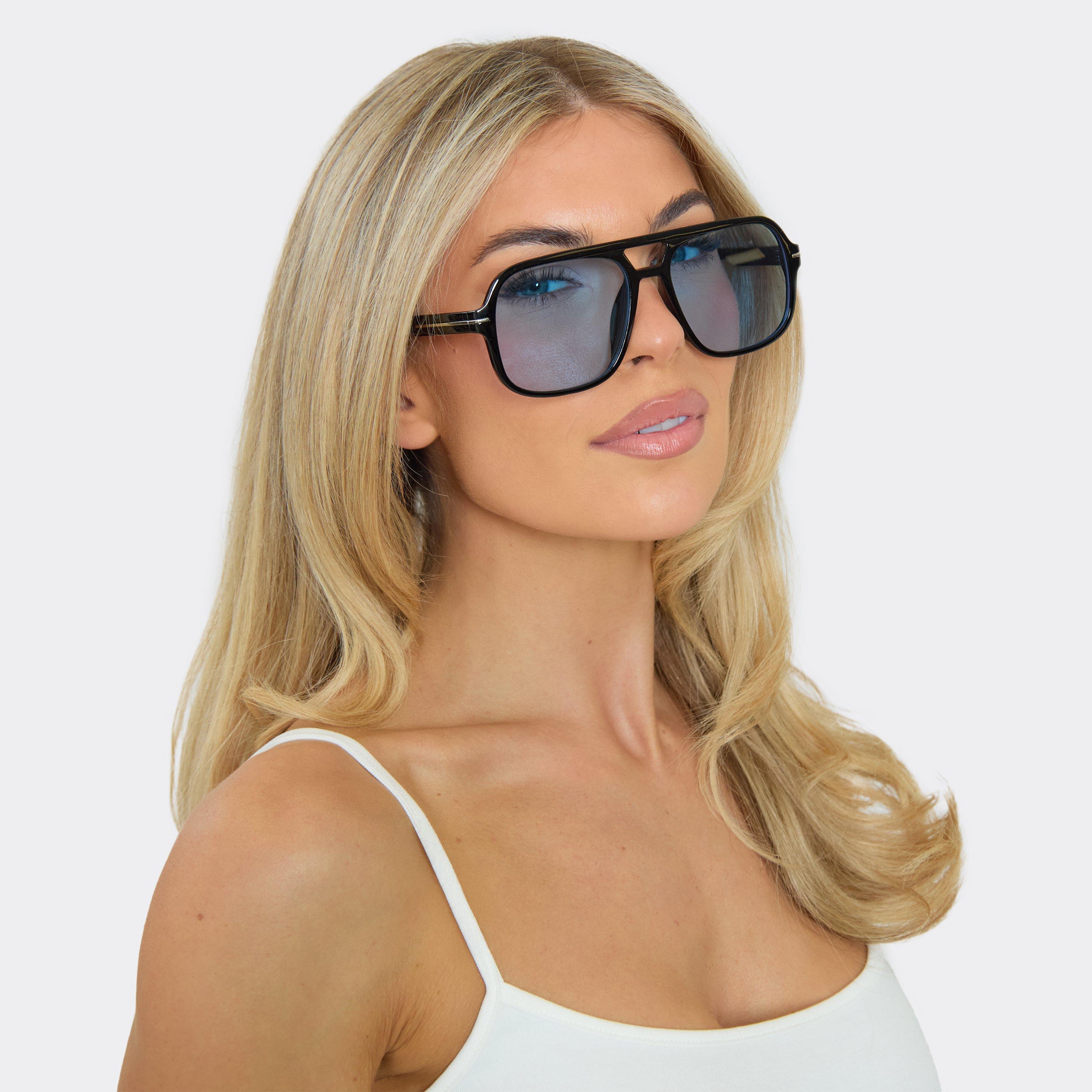 Oversized Blue Tinted Lense Aviator Style Sunglasses In Black, Women’s