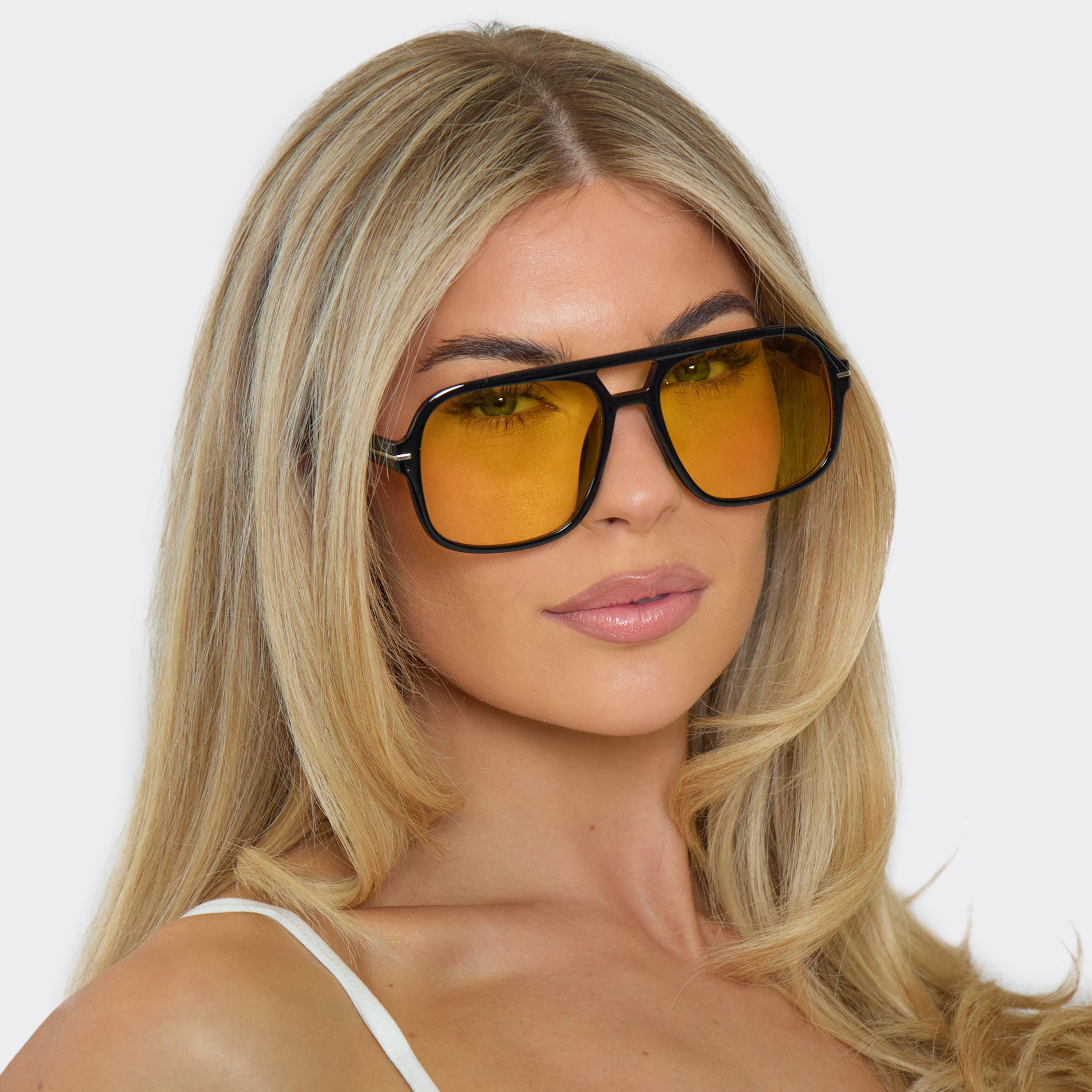 Oversized Yellow Tinted Lense Aviator Style Sunglasses In Black, Women’s