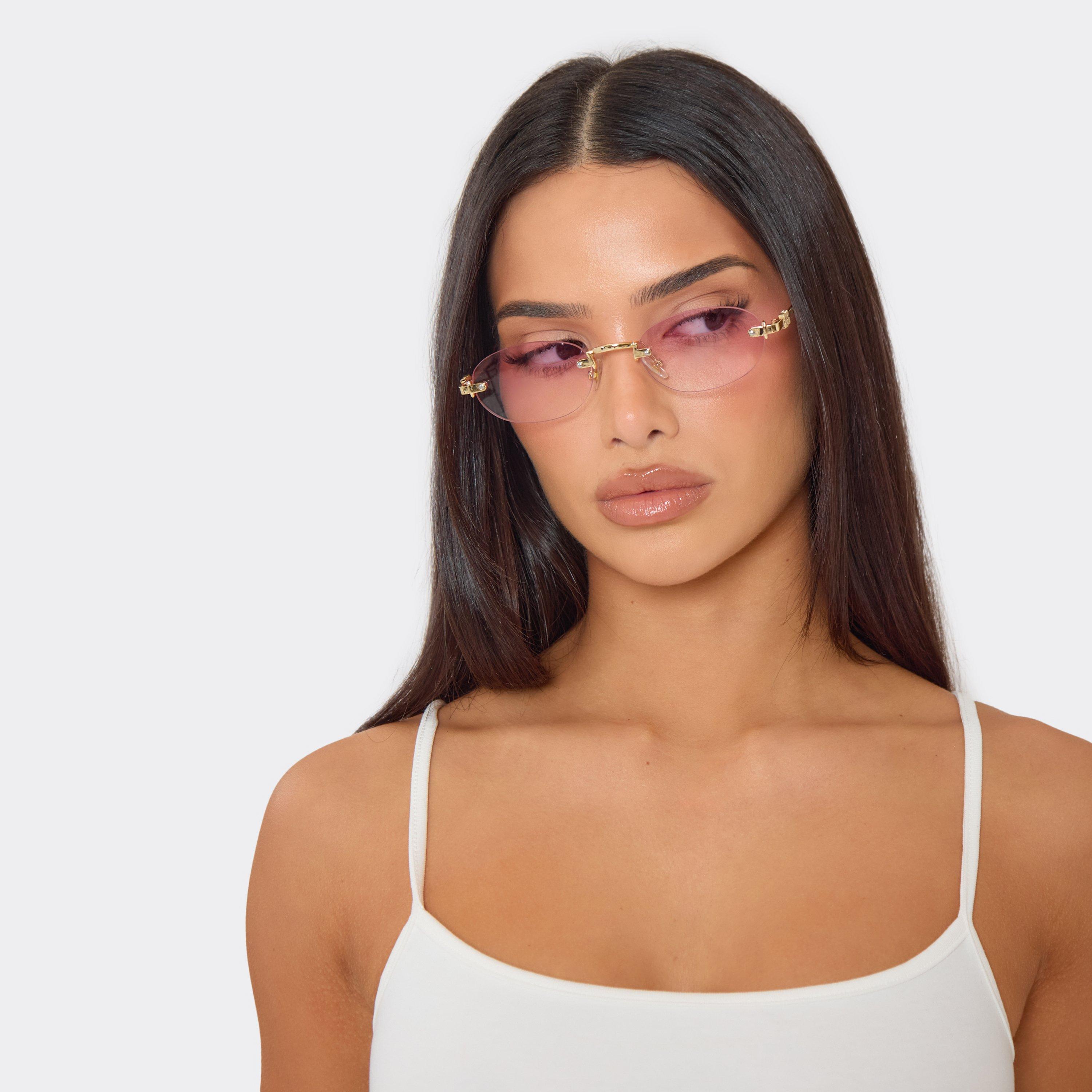 Side Logo Oval Shaped Tinted Lense Frameless Sunglasses In Pink And Gold, Women's Size UK 0
