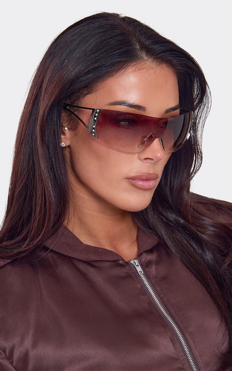 Diamante Detail Tinted Lense Frameless Sunglasses In Brown