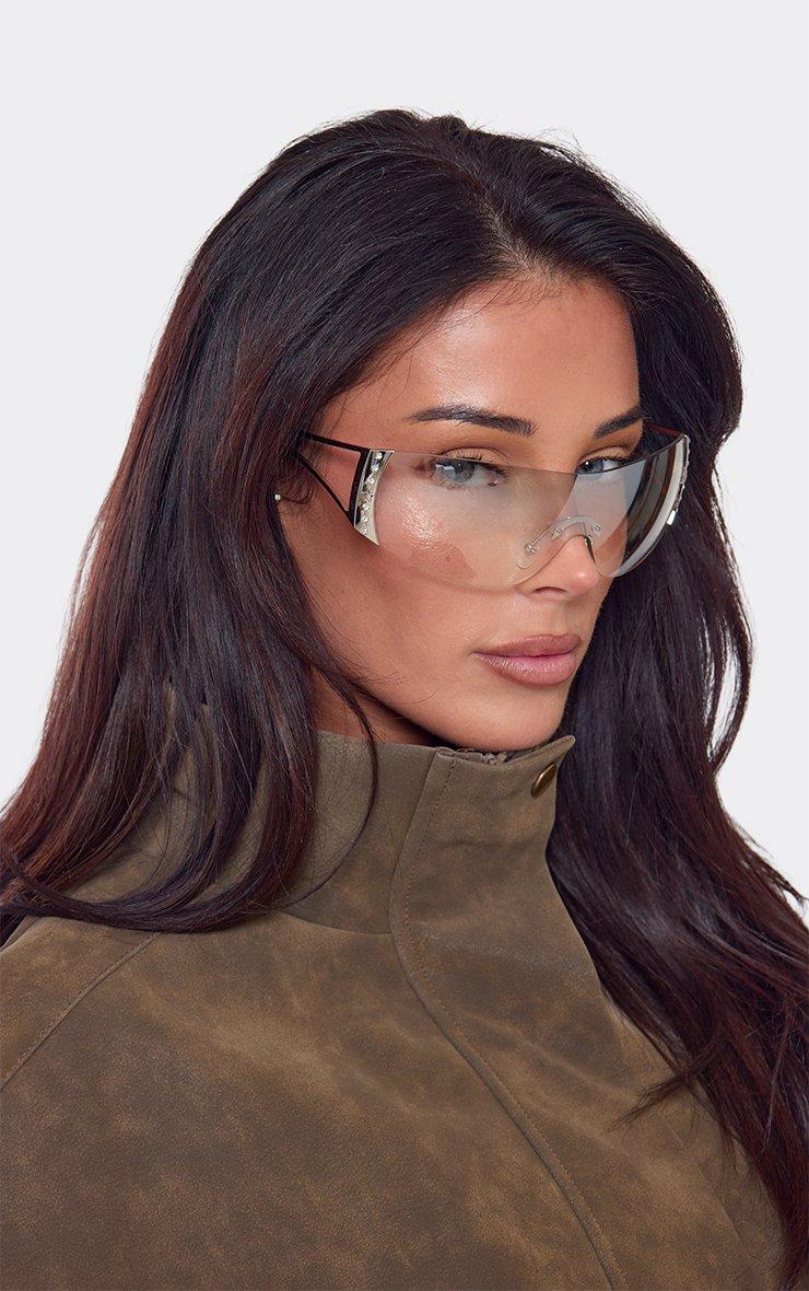 Diamante Detail Clear Lense Frameless Sunglasses In Silver