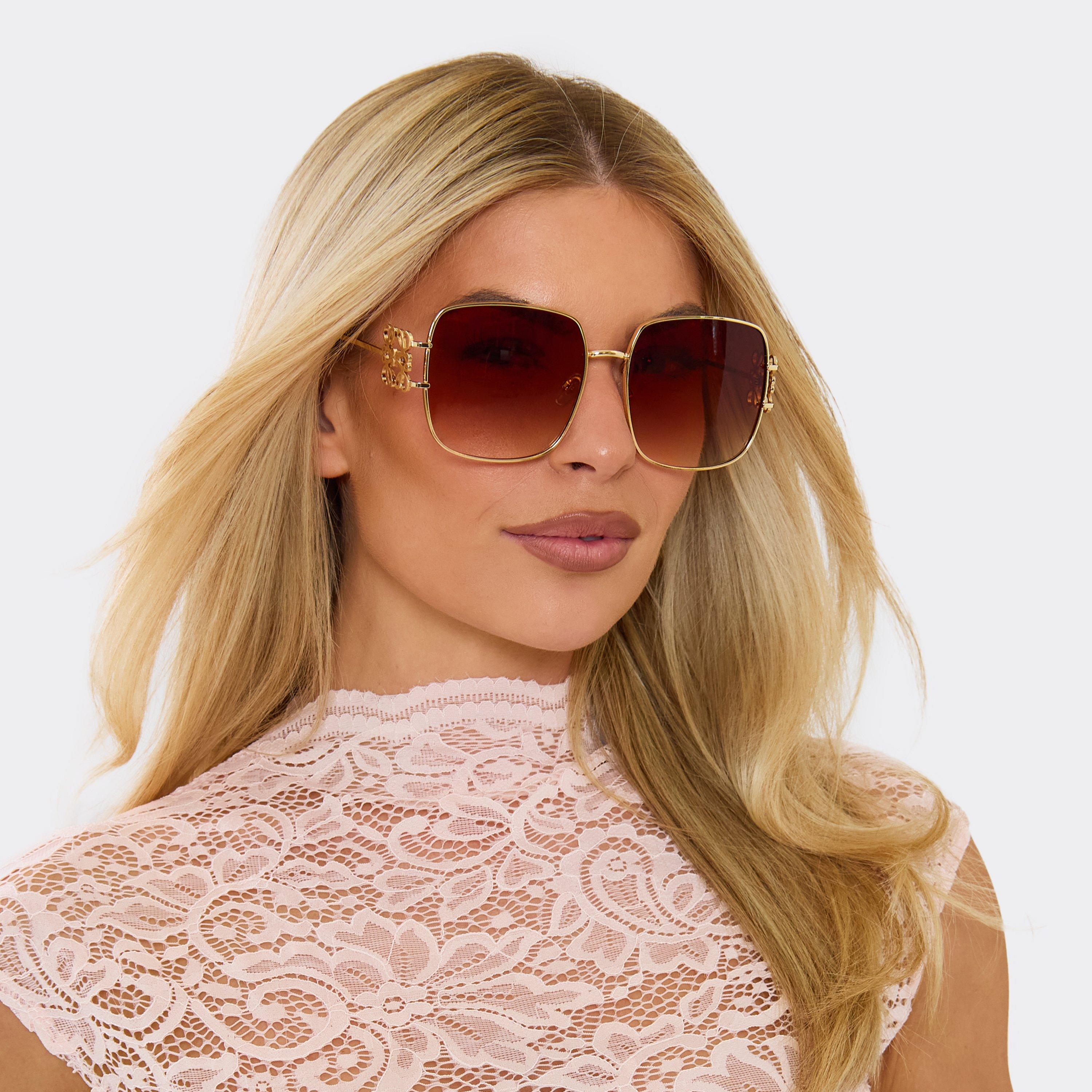 Side Swirl Detail Brown Tinted Lense Oversized Square Shaped Sunglasses In Gold, Women's Size UK 0