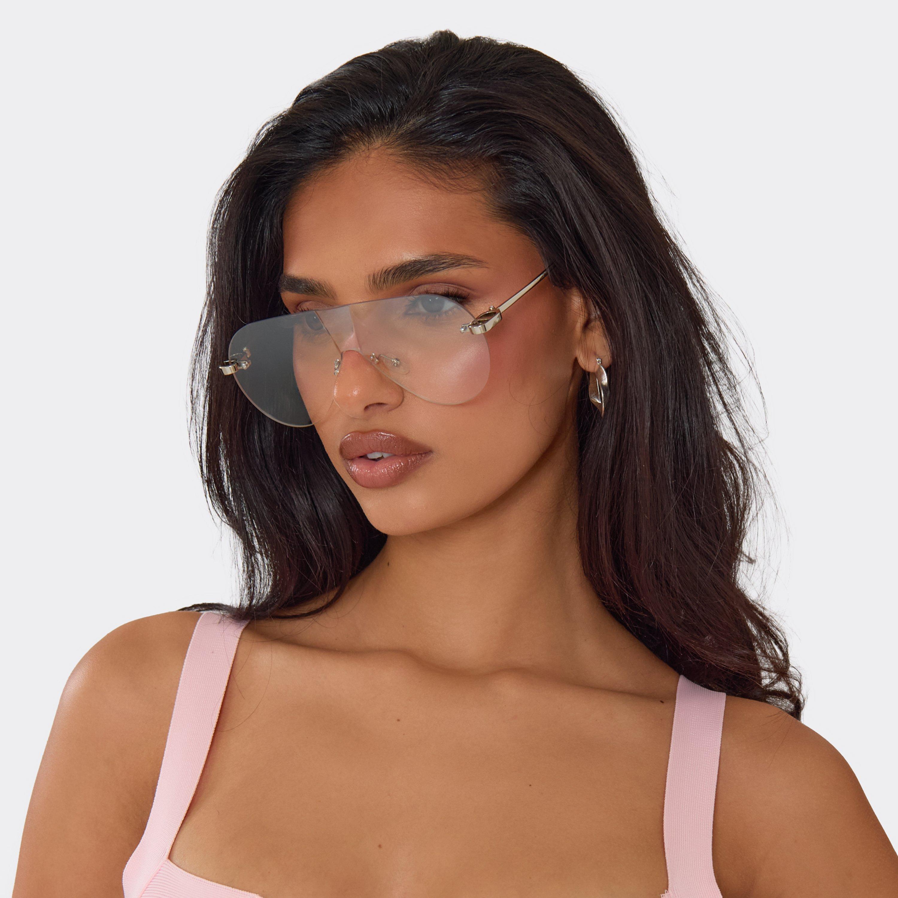 Oversized Clear Lense Frameless Aviator Sunglasses In Silver, Women's Size UK 0