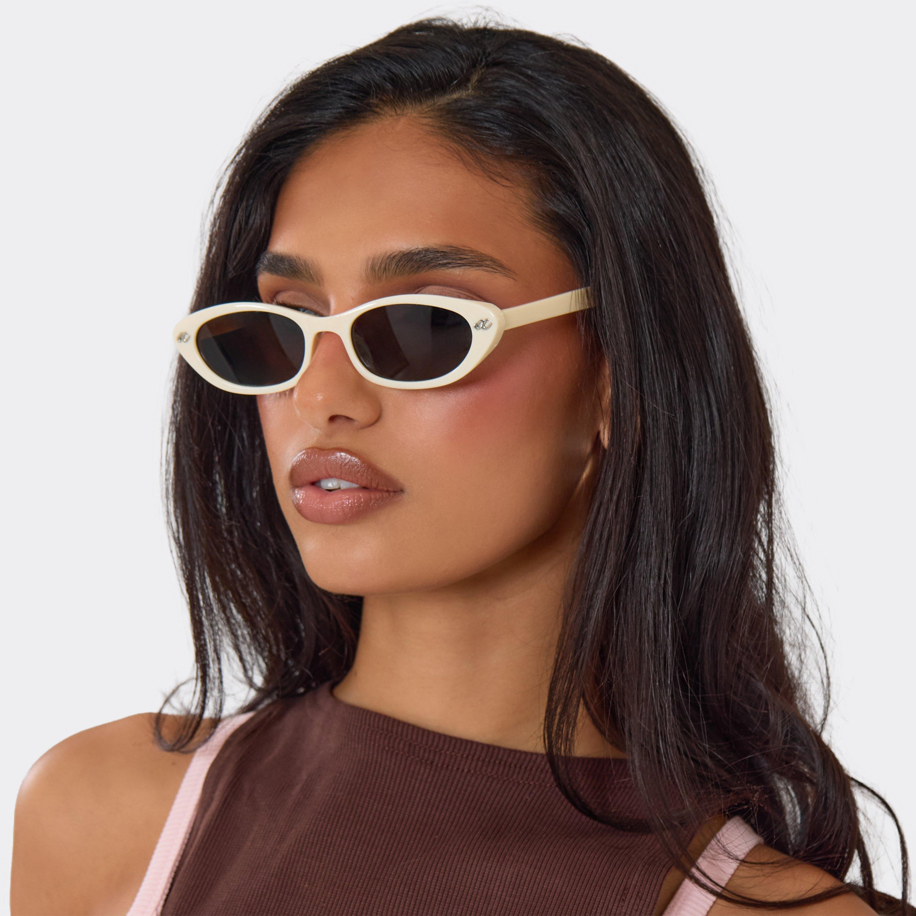 Cateye Shaped Tinted Lense Thin Framed Sunglasses In Cream, Women's Size UK 0