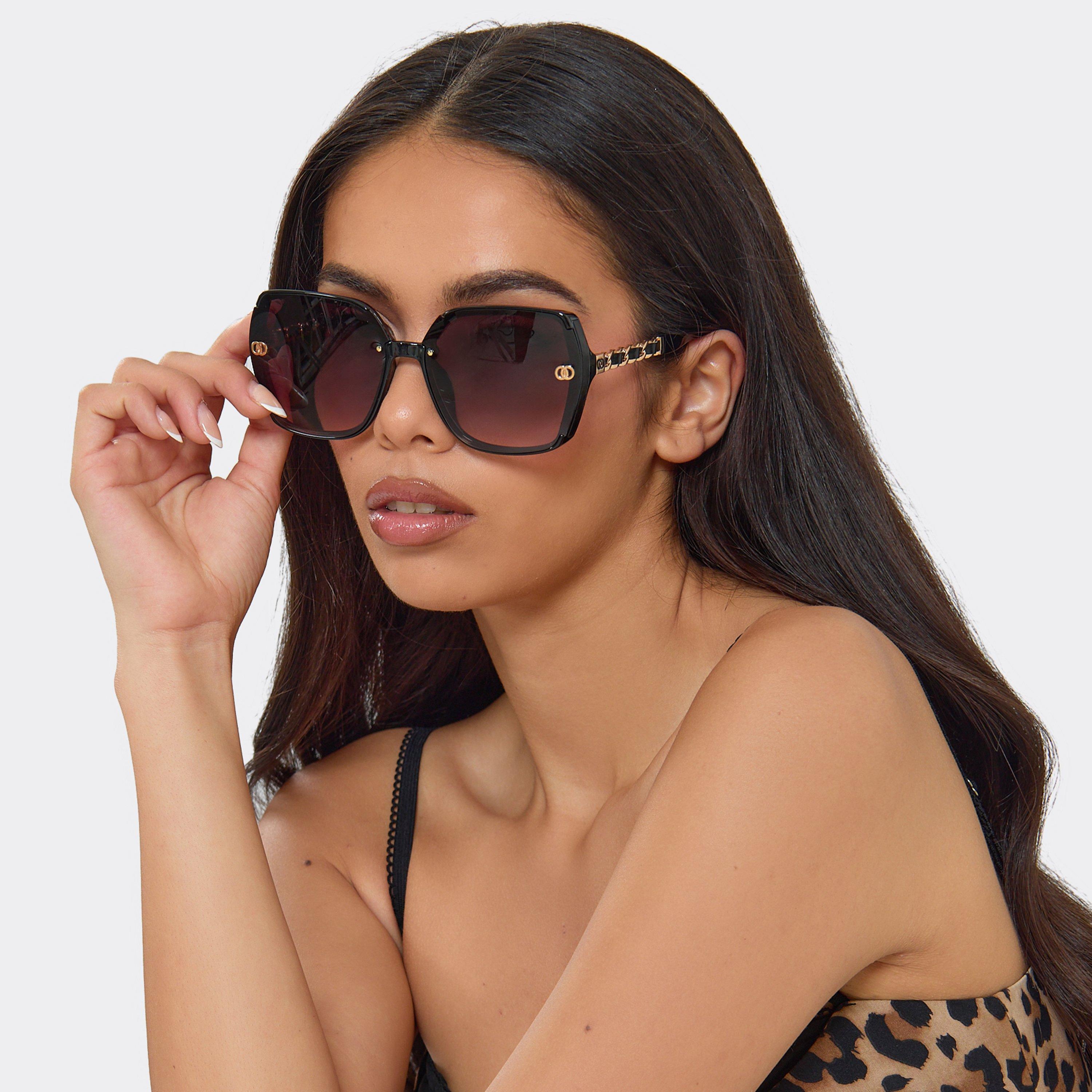 Oversized Side Chain Detail Sunglasses In Black, Women's Size UK 0