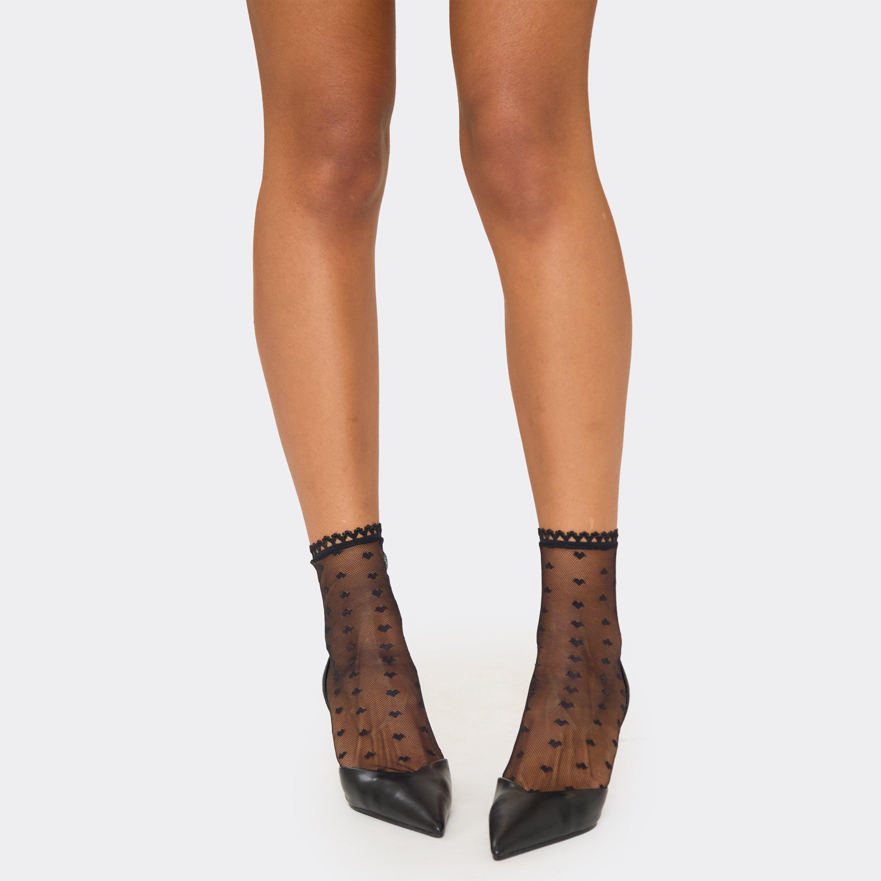 Heart Trim Detail Ankle Socks In Black Fishnet, Women's Size UK 0