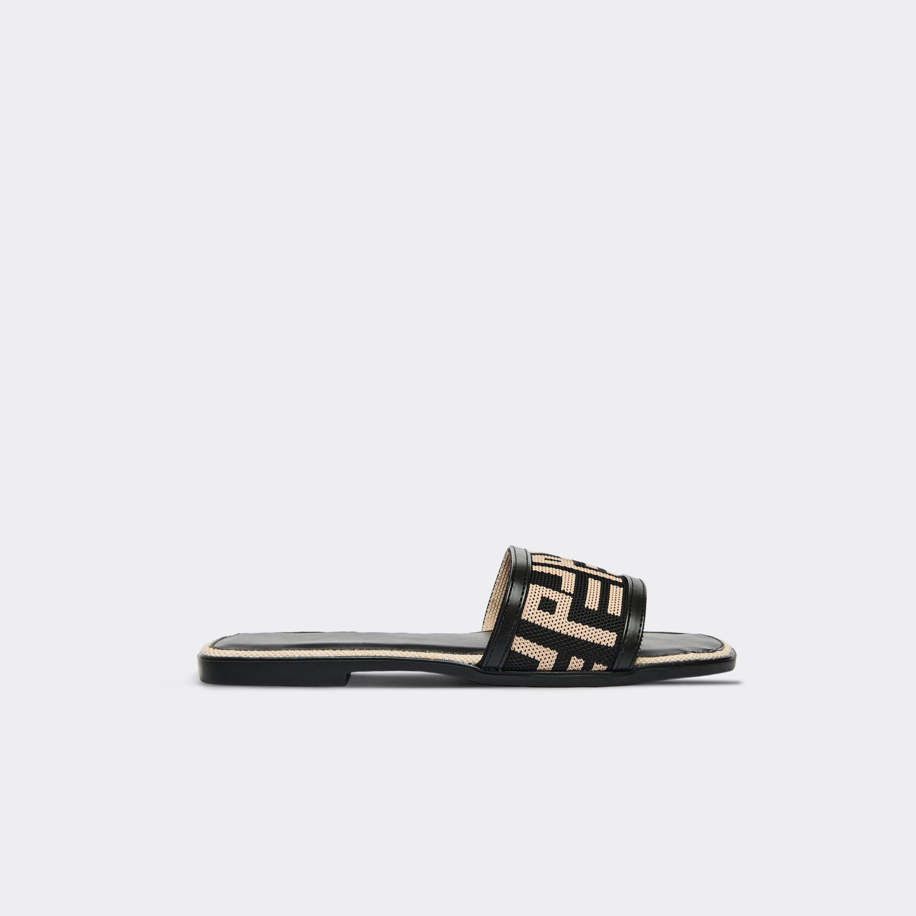 Snack Printed Woven Detail Flat Slider Sandal In Black Faux Leather, Women's Size UK 3