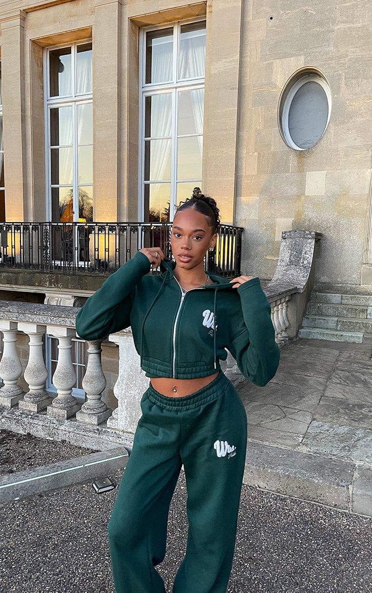 Long Sleeve Embroidered Graphic Detail Zip Up Cropped Hoodie In