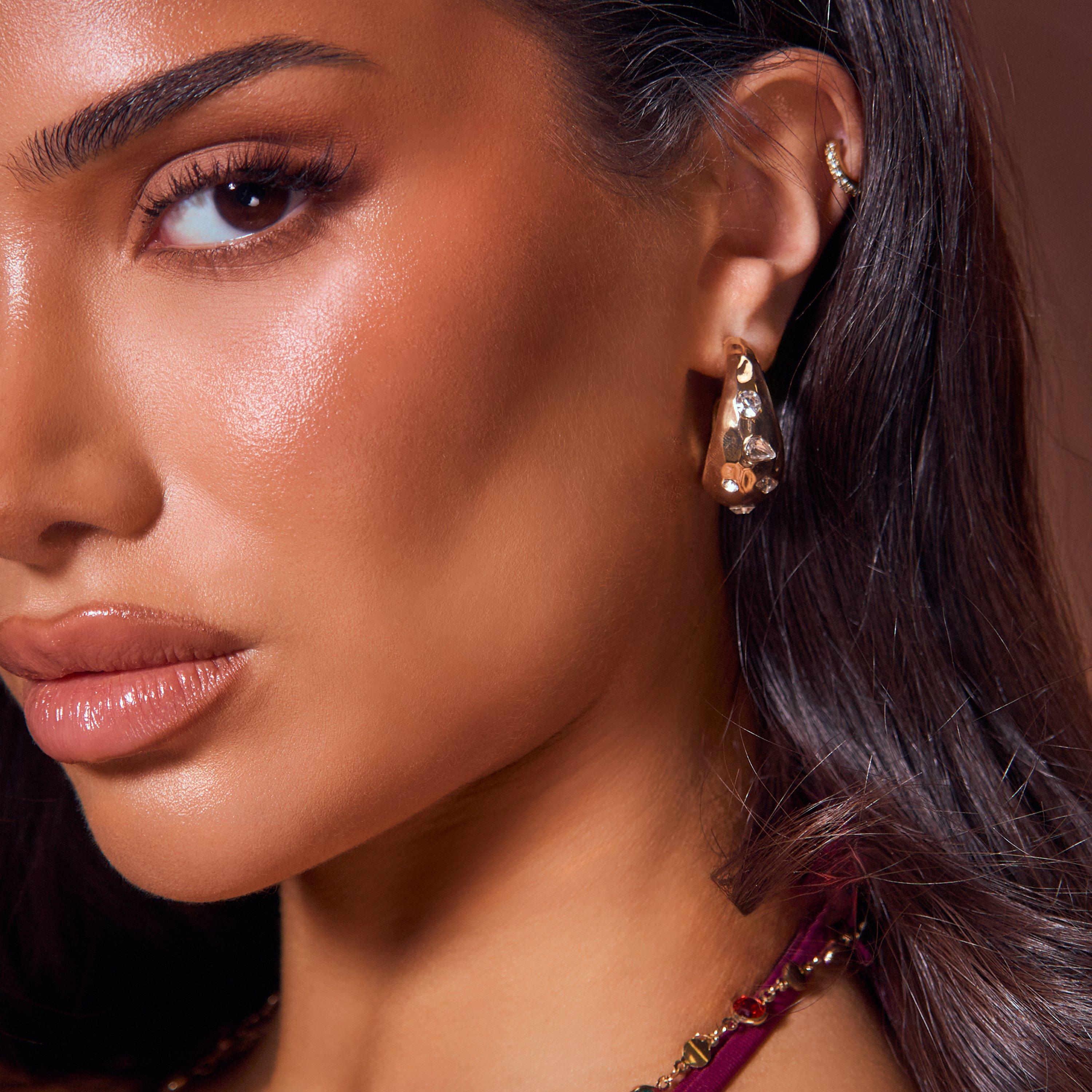 Gem Detail Textured Hoop Earrings In Gold, Women's Size UK 0