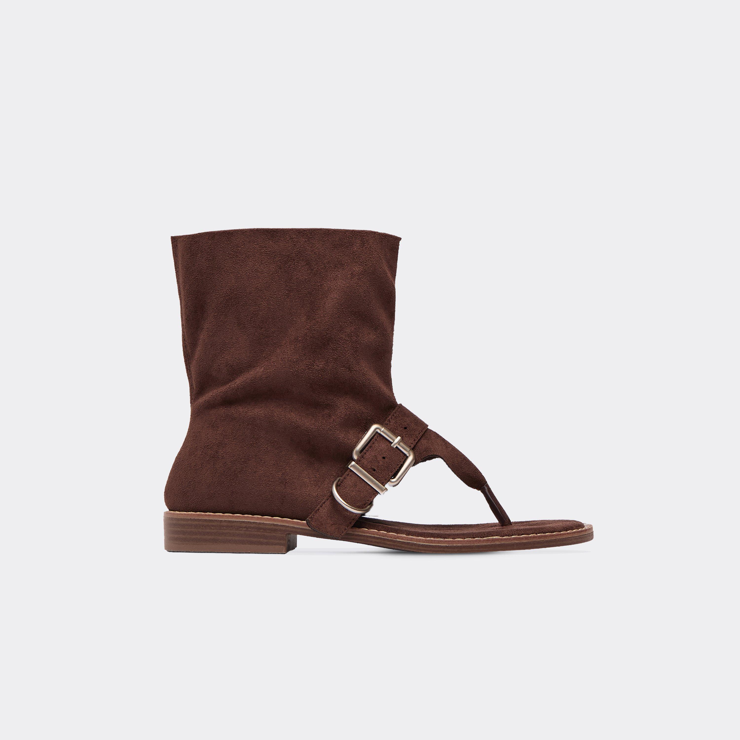 Tillie Buckle Detail Thong Strap Gladiator Sandal In Brown Faux Suede, Women's Size UK 7