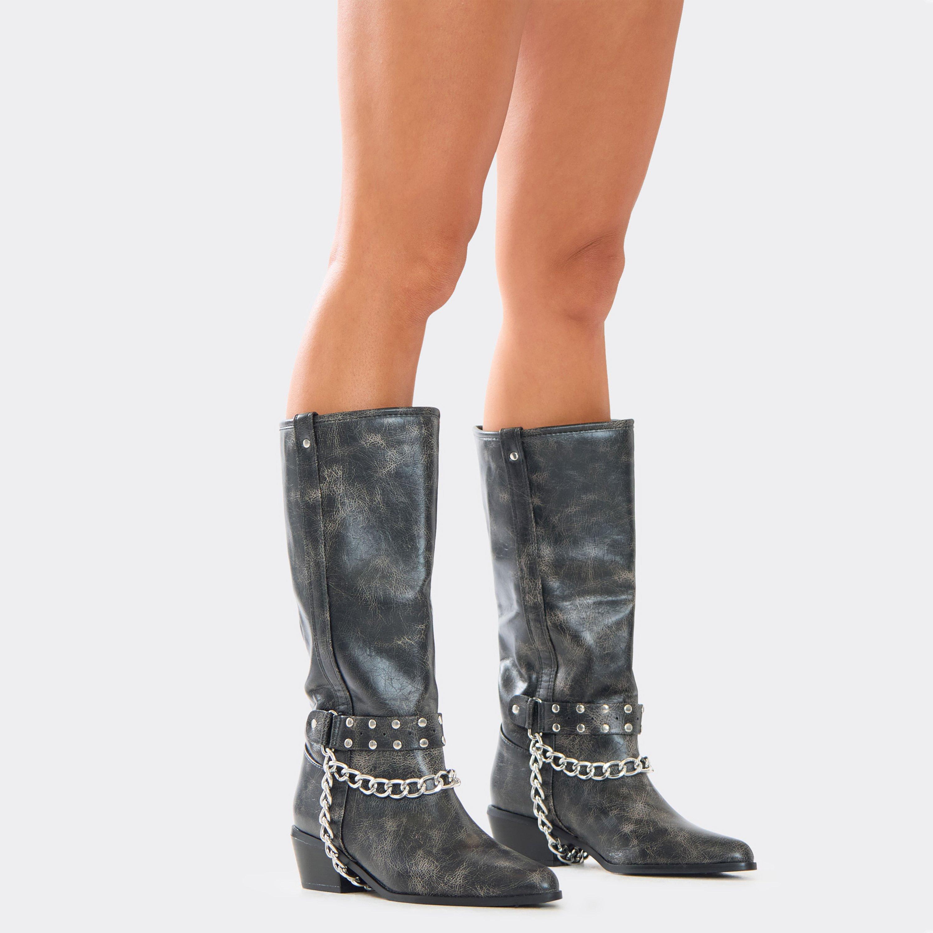 Toast-To-You Chain Detail Knee High Long Boot In Black Acid Faux Leather, Women's Size UK 6