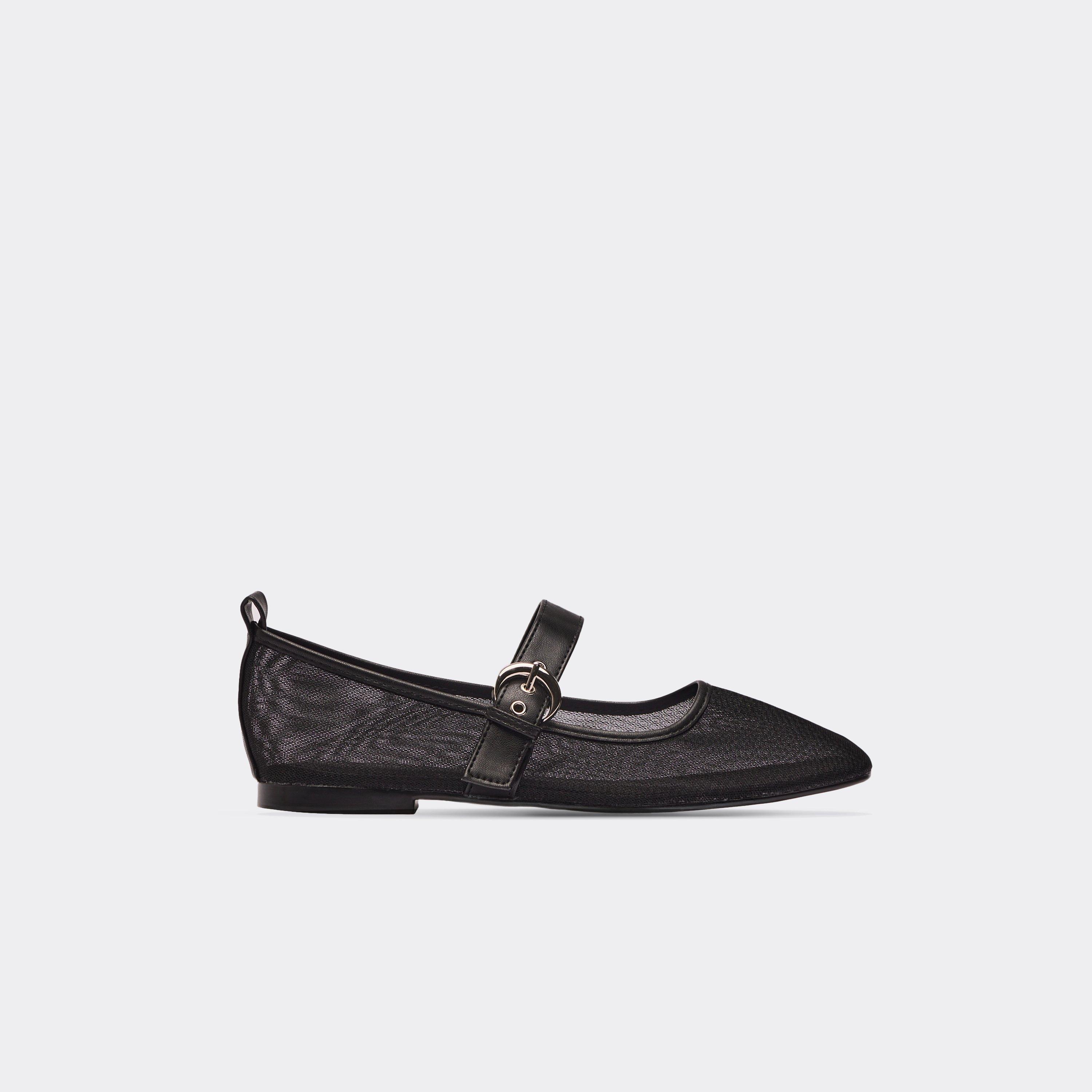 West Buckle Strap Flat Ballet Pump In Black Mesh, Women's Size UK 4