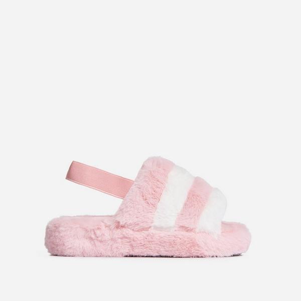 Boo Fluffy White Stripe Slipper In Pink Faux Fur