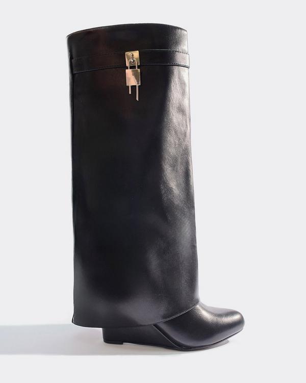 I-Am-The-One Padlock Detail Wedge Heel Knee High Long Boot In Black Faux Leather