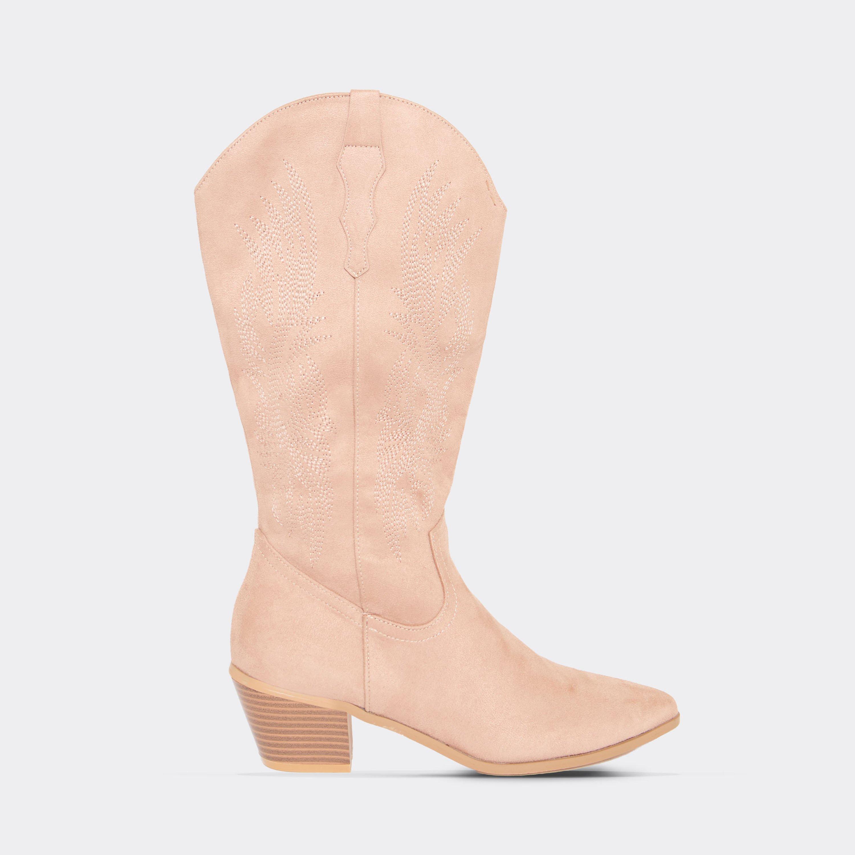 Eclipse Embroidered Detail Pointed Toe Mid Calf Western Cowboy Boot In Beige Faux Suede, Women's Size UK 4