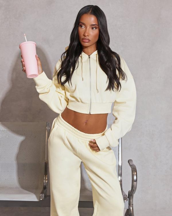 Long Sleeve Zip Up Front Cropped Hoodie In Lemon