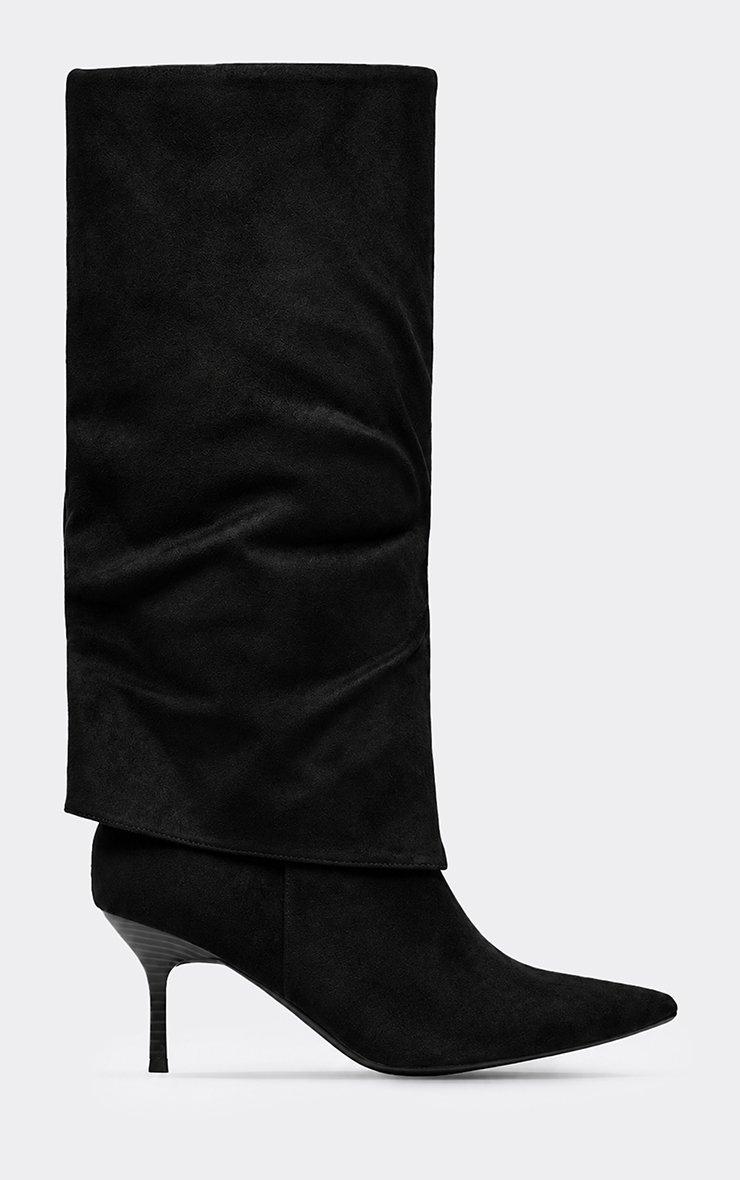 Belline Layered Detail Pointed Toe Knee High Boot In Black Faux Suede