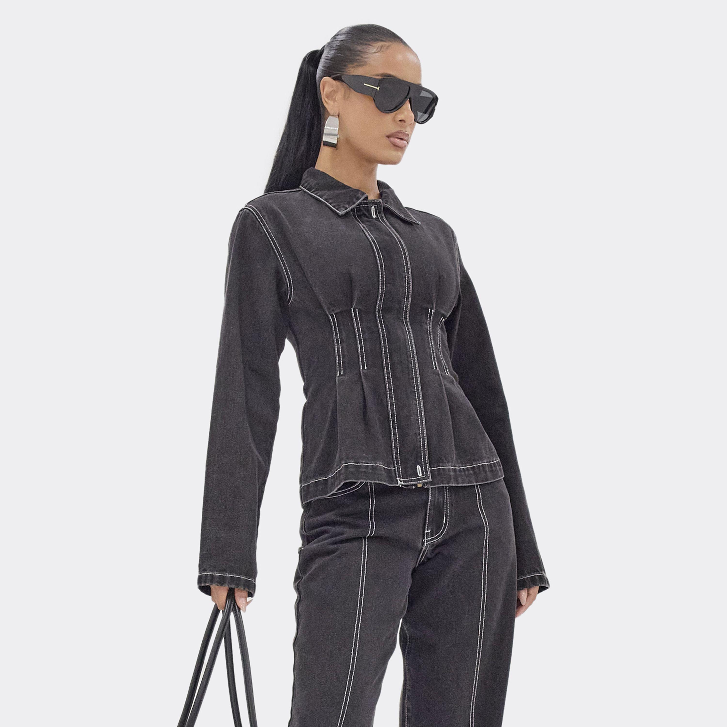 Cinched Waist Collared Zip Down Jacket In Black Denim, Women's Size UK 6