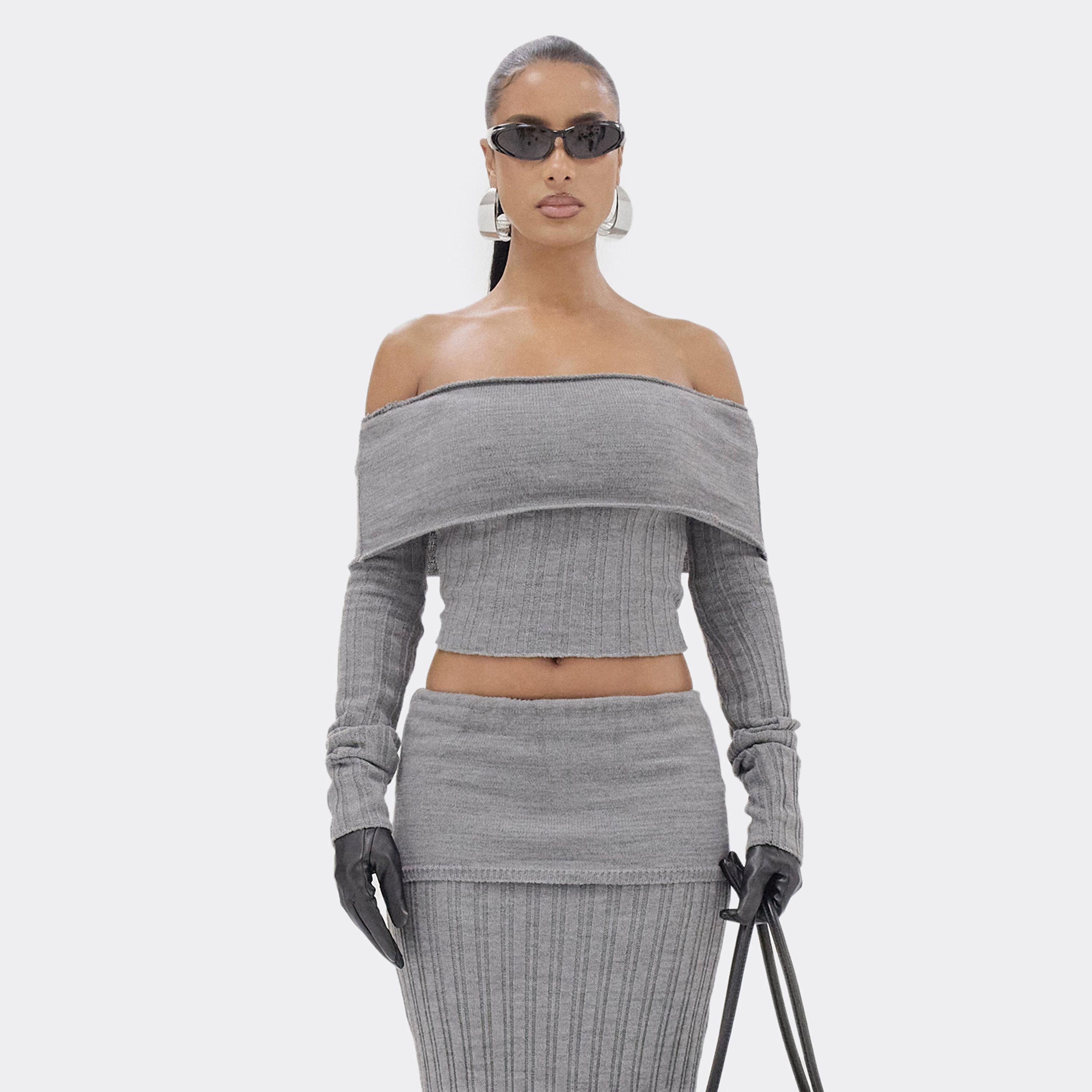 Bardot Fold Over Fitted Cropped Jumper In Grey Rib Knit, Women's Size UK L