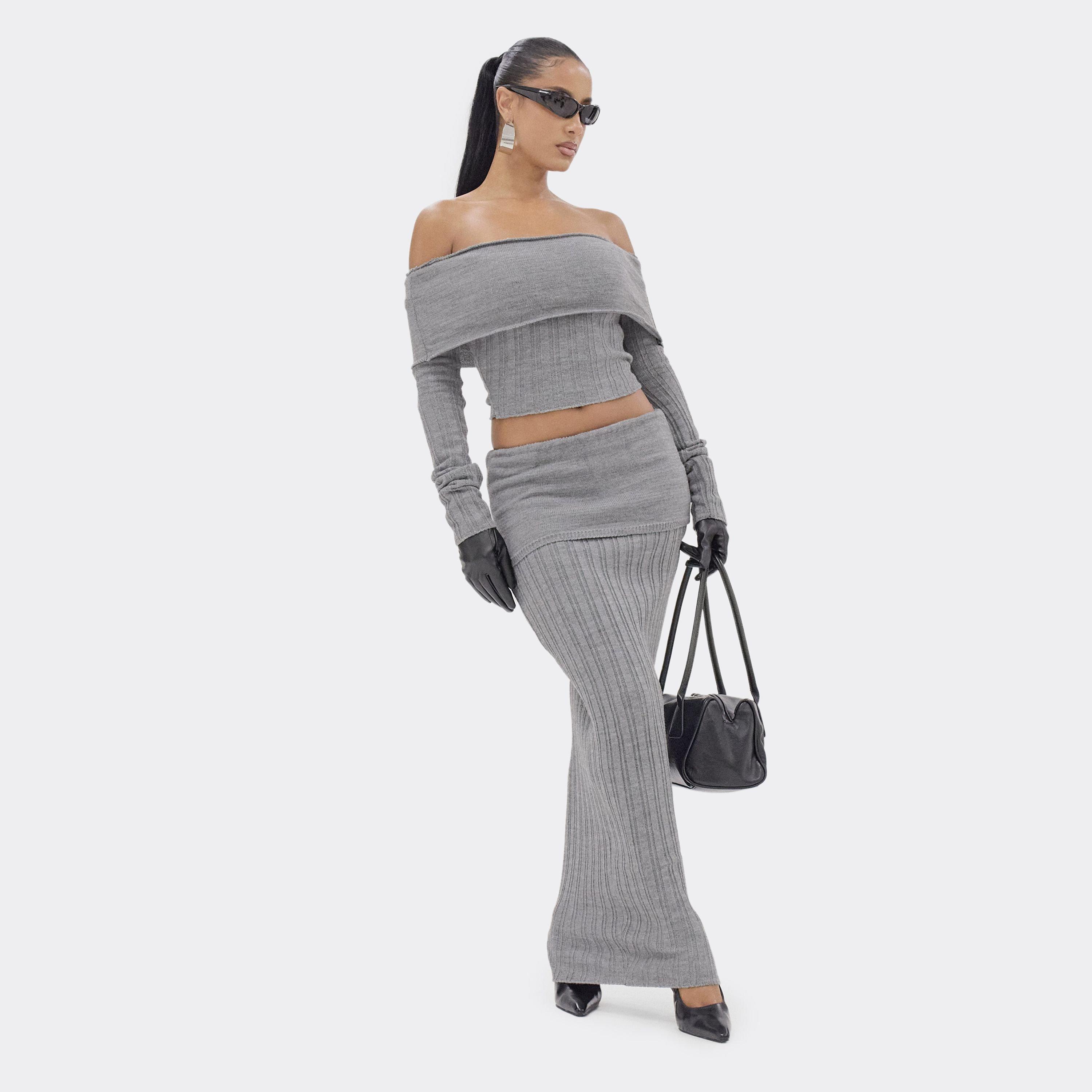 Fold Over Fitted Maxi Skirt In Grey Rib Knit, Women’s