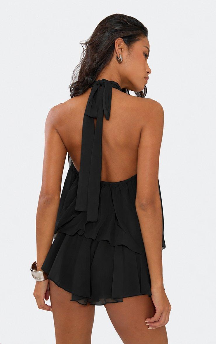 High Neck Blouson Floaty Playsuit In Black