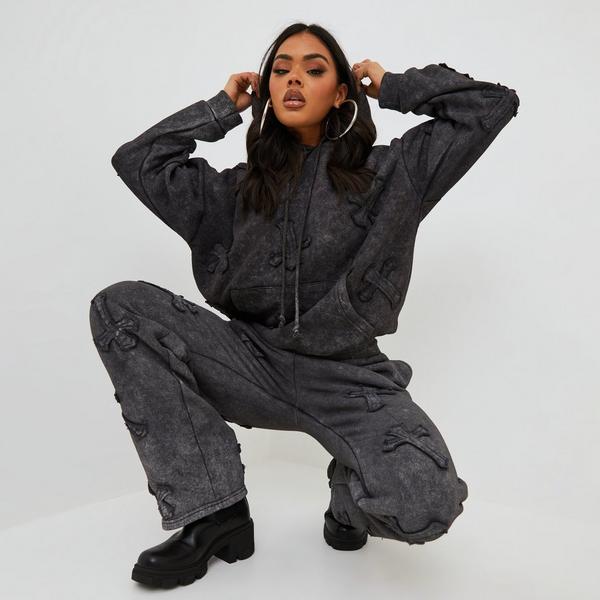 Cross Patch Detail Oversized Hoodie In Acid Wash Grey | EGO