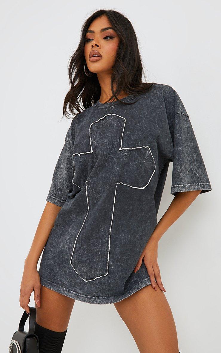 Cross Patch Detail Oversized T-Shirt Dress In Grey Acid Wash | EGO