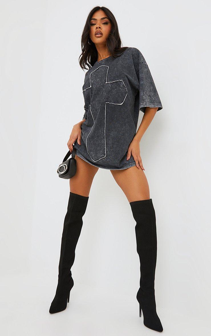 Cross Patch Detail Oversized T-Shirt Dress In Grey Acid Wash | EGO