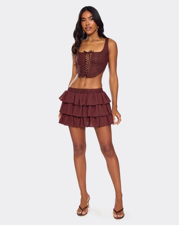 Pleated Brown Mini Skirt With A Low-Rise Waist | EGO