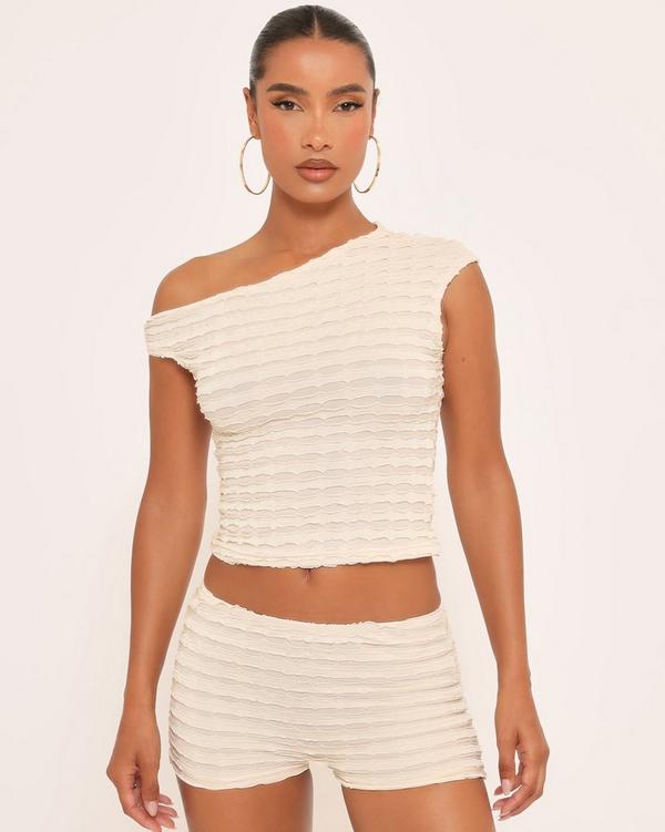 One Shoulder Asymmetric Top And Booty Shorts Co-Ord Set In Cream Texture