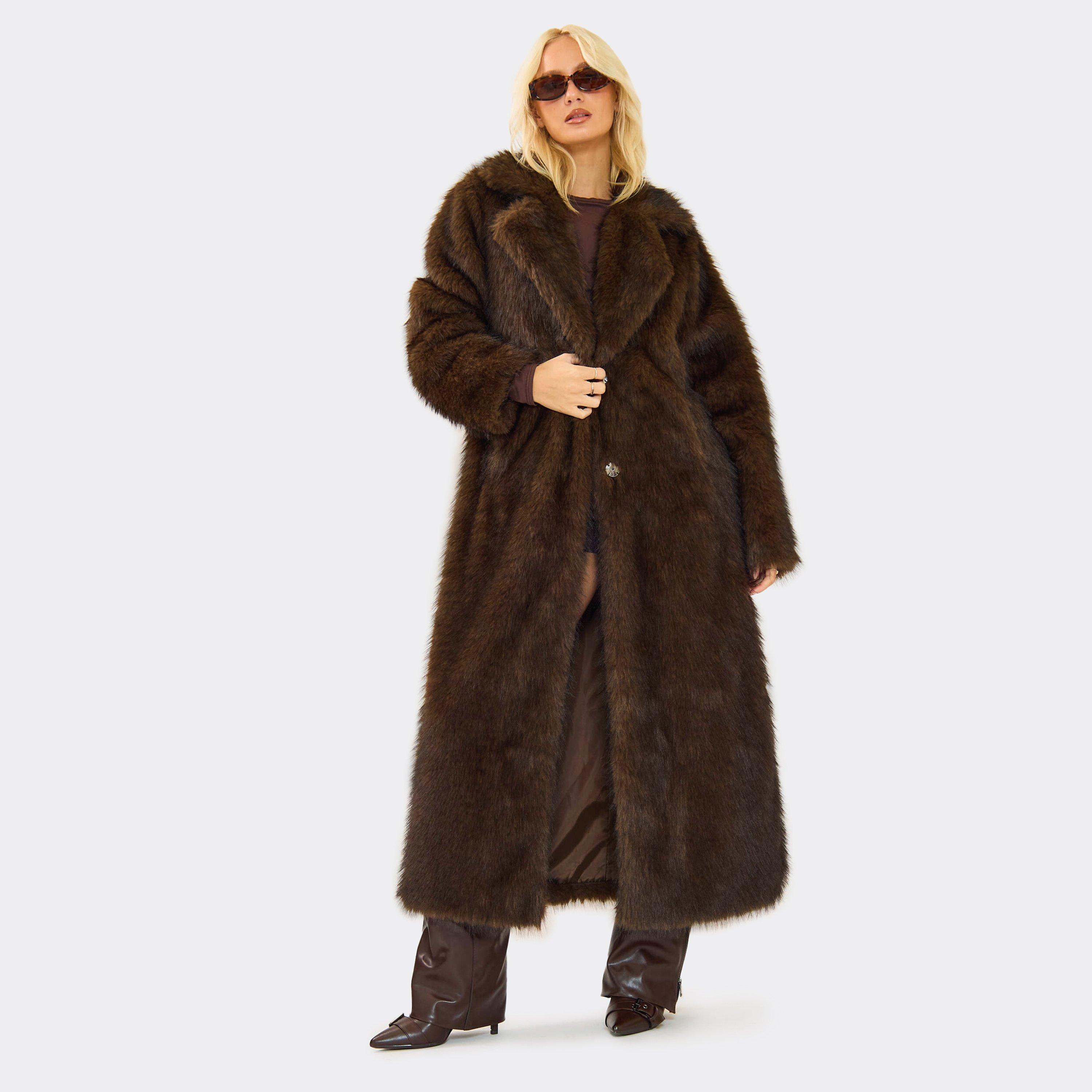 Oversized Maxi Coat In Chocolate Brown Look Faux Fur, Women's Size UK 6