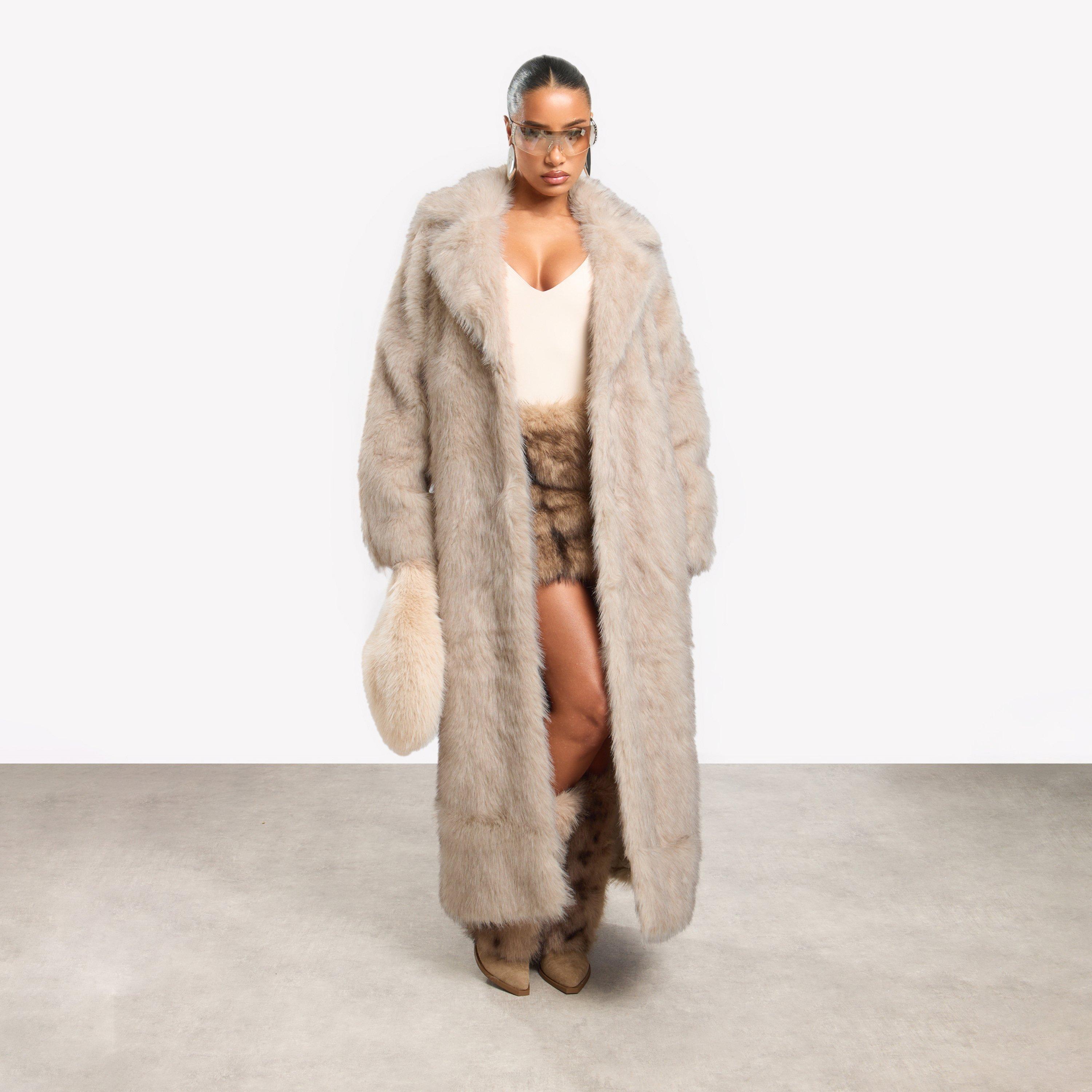 Oversized Maxi Coat In Stone Natural Look Faux Fur, Women’s