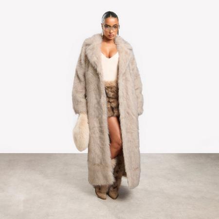 Oversized Maxi Coat In Stone Natural Look Faux Fur, Women's Size US