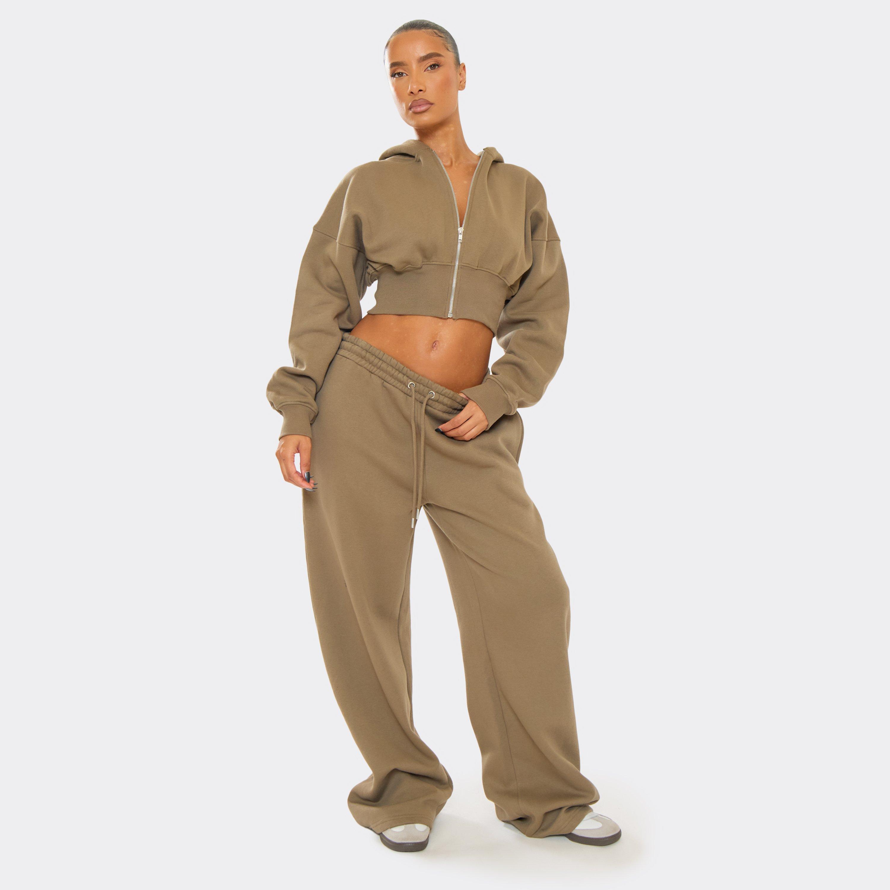 Drawstring Waist Wide Leg Joggers In Khaki Green, Women’s