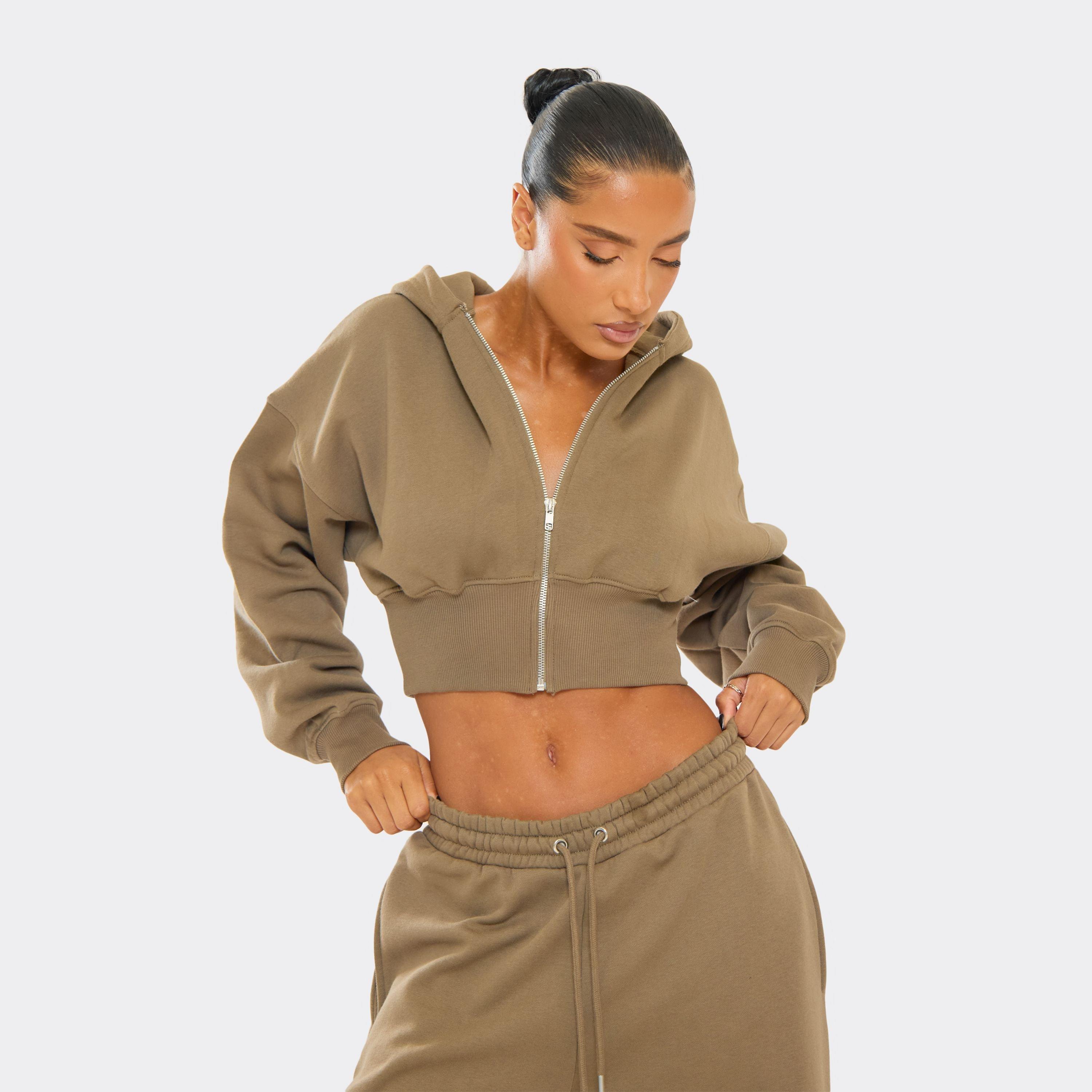 Zip Through Cropped Hoodie In Khaki Green, Women’s