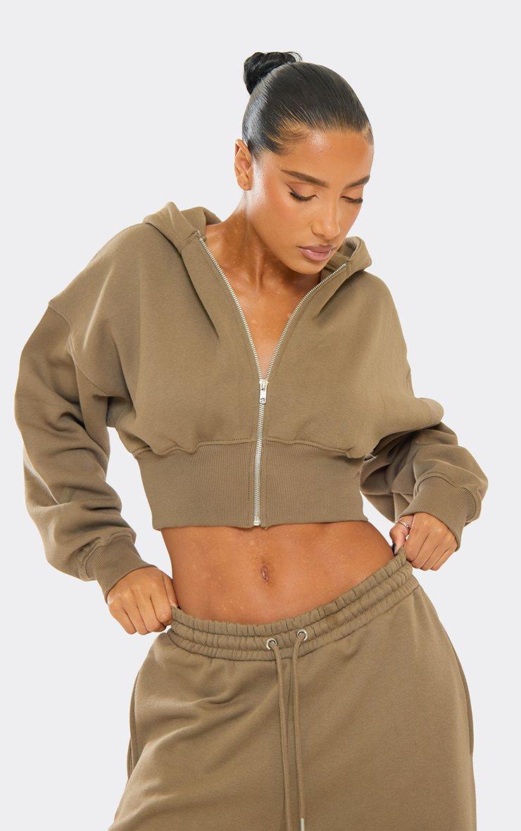 Zip Through Cropped Hoodie In Khaki Green | EGO US | EGO