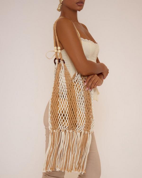 Shakira Tassel Detail Shoulder Beach Bag In Beige And White Woven Knit