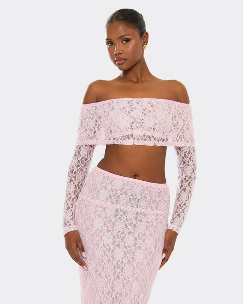 Fold Over Bardot Long Sleeve Crop Top In Baby Pink Lace