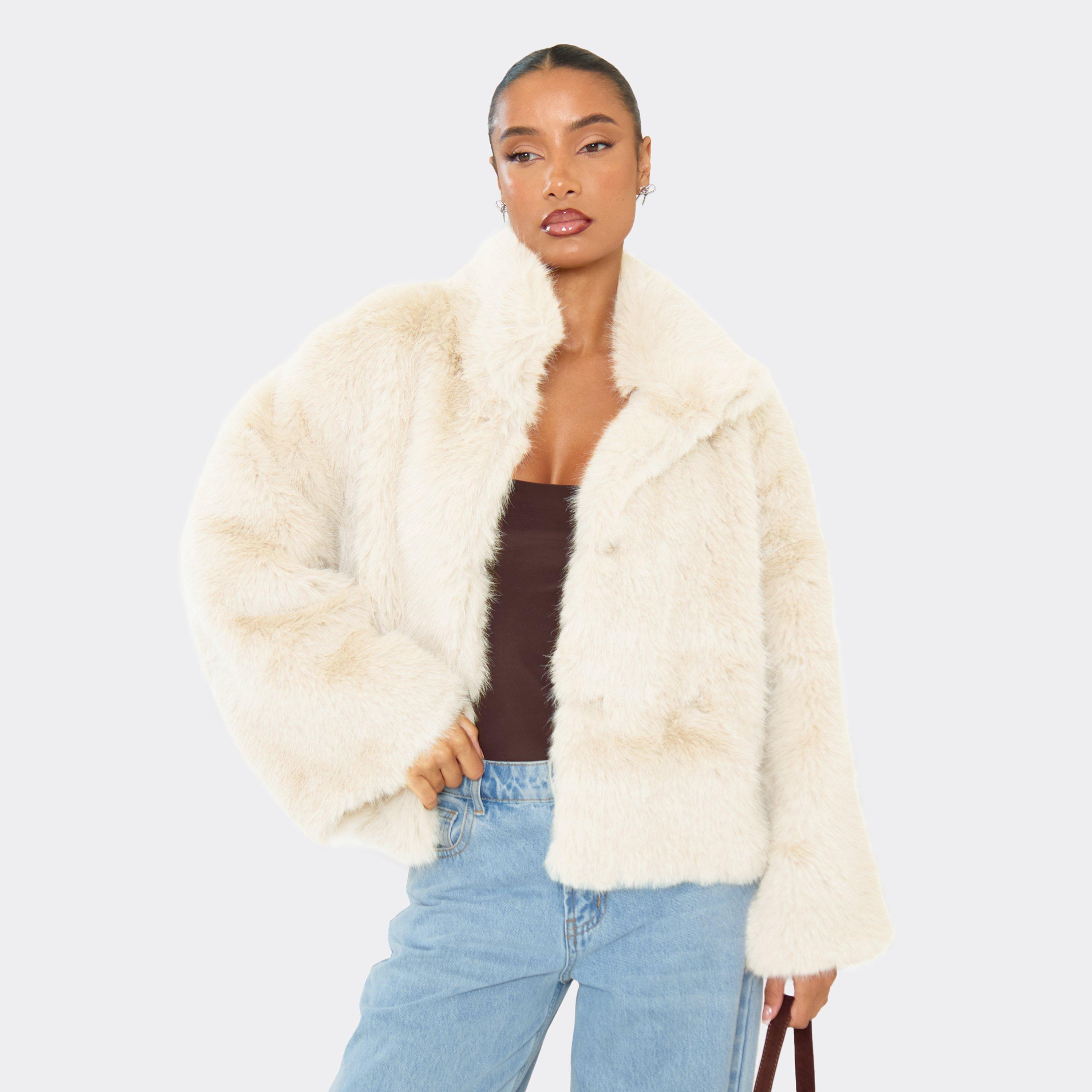 Collared Jacket In Cream Faux Fur, Women's Size UK 6