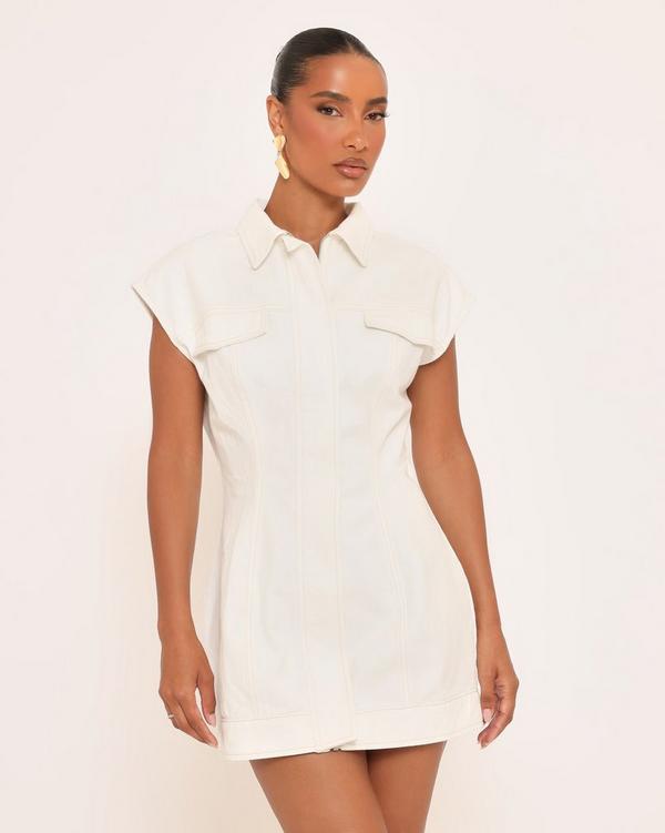 Short Sleeve Cinched Waist Detail Mini Dress In White Denim
