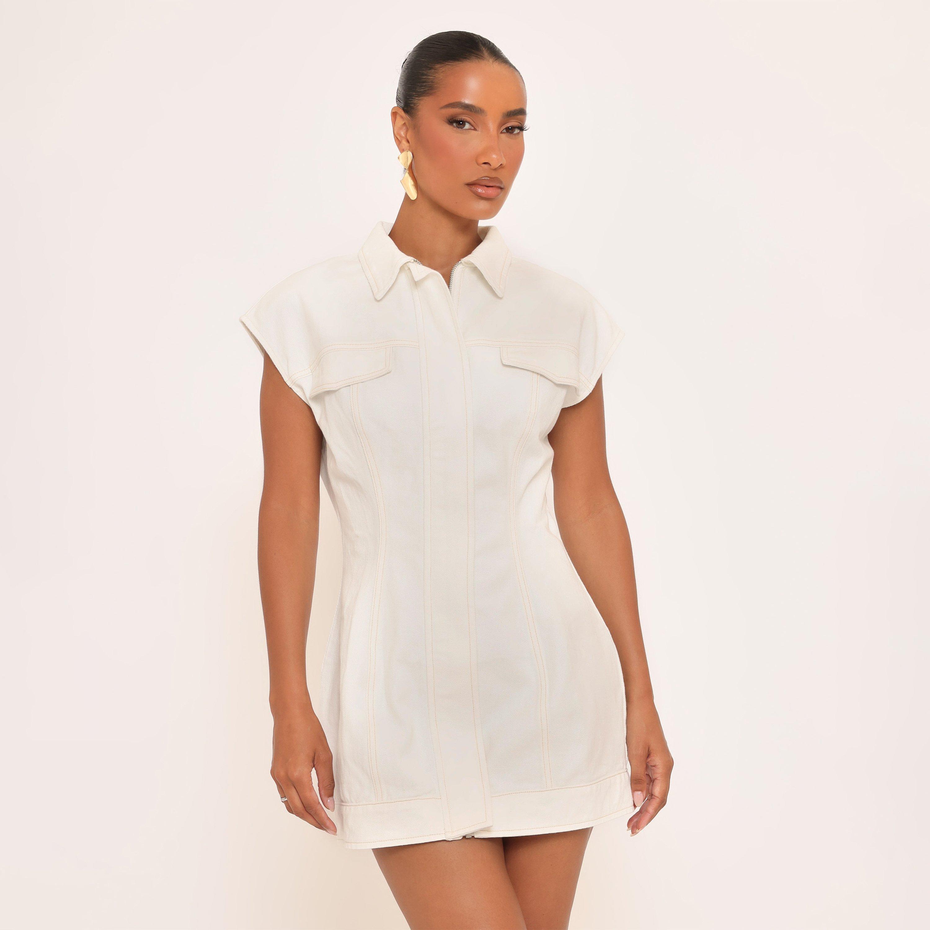 Short Sleeve Cinched Waist Detail Mini Dress In White Denim, Women’s
