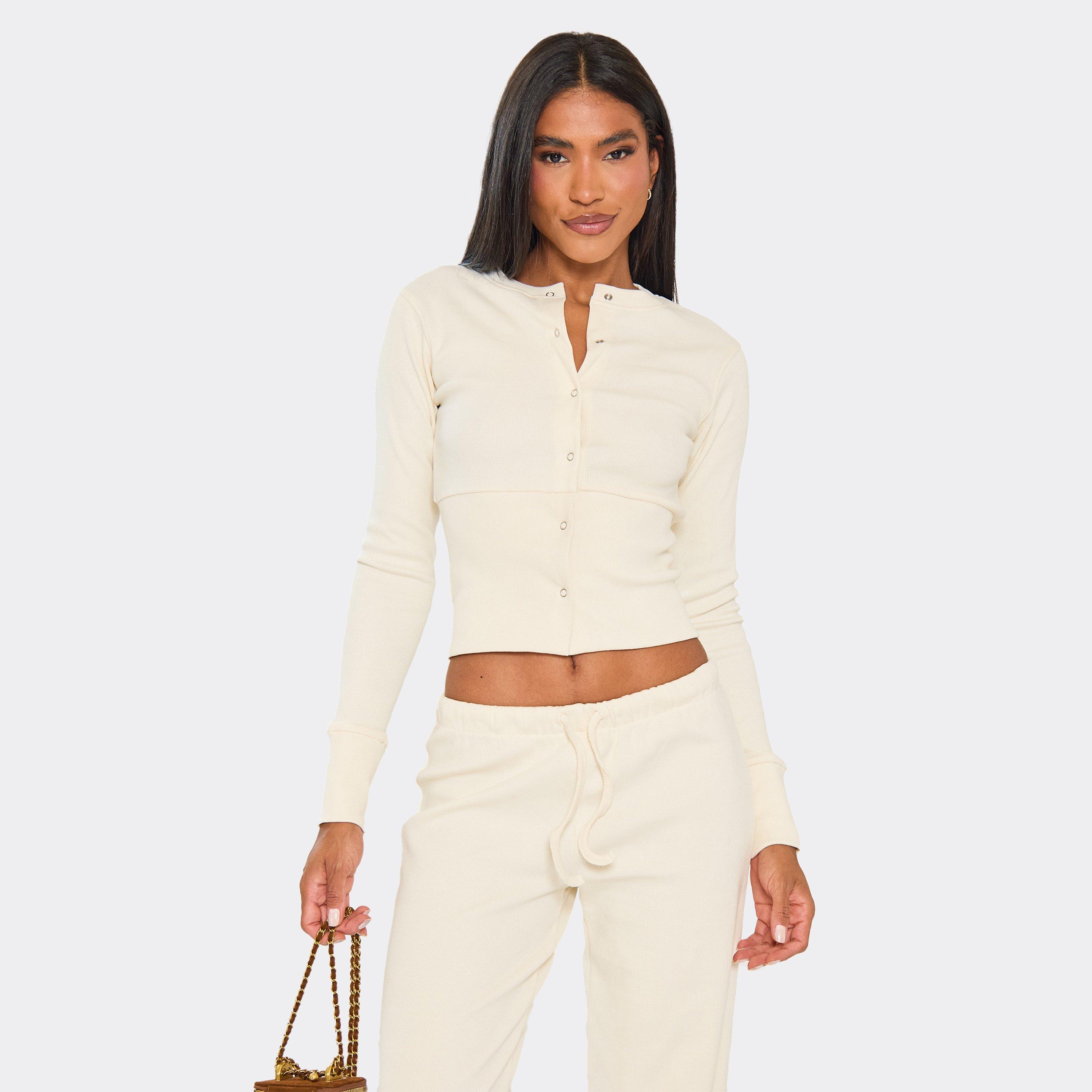Image of Long Sleeve Button Up Fitted Top In Off White Ribbed, Women's