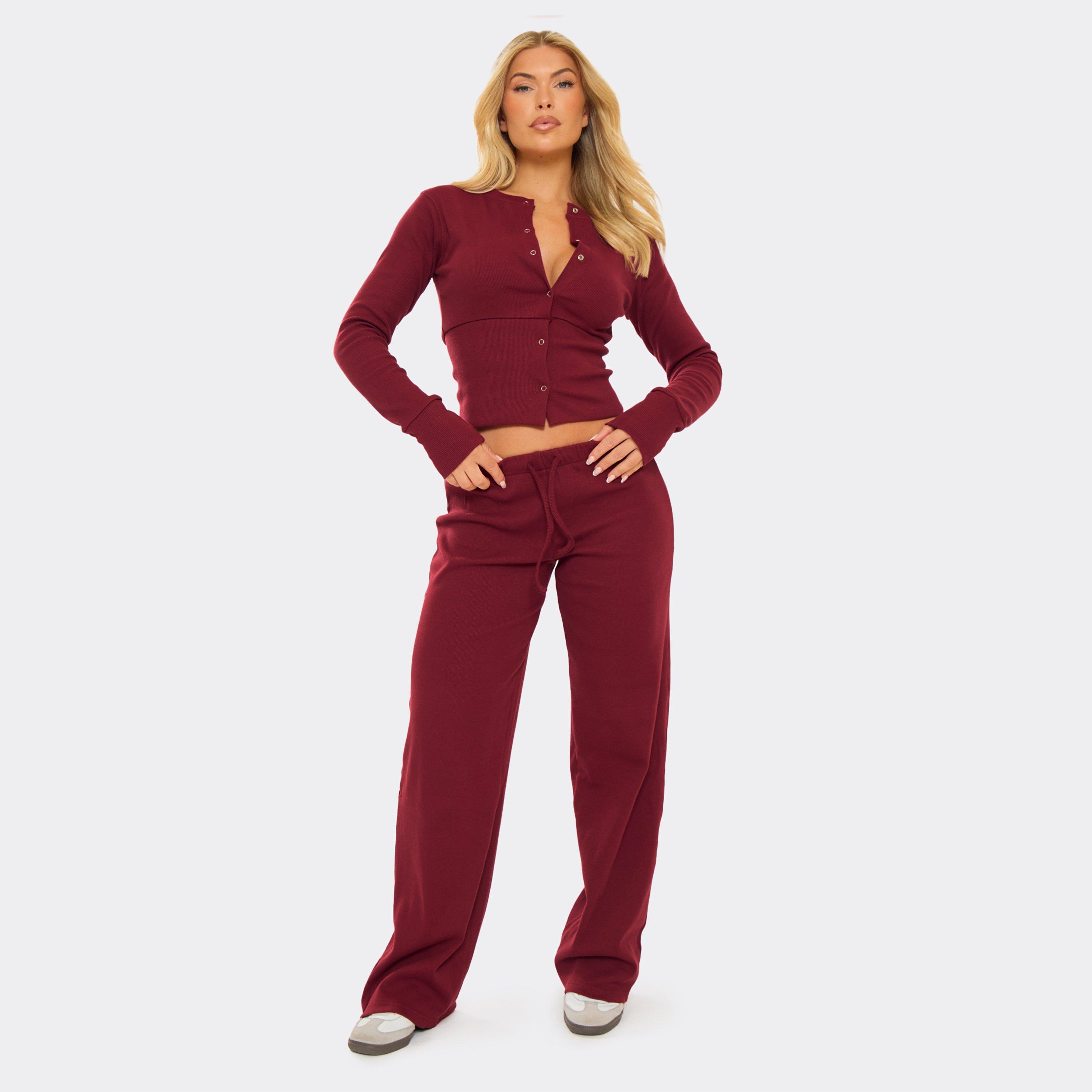 Drawstring Waist Straight Leg Trousers In Burgundy Ribbed, Women's Size UK 4