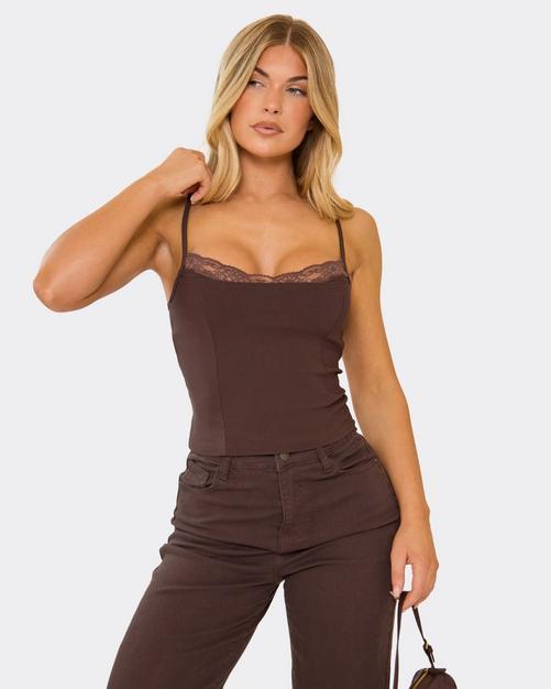 Lace Trim Strappy Bengaline Cami Top In Chocolate Brown