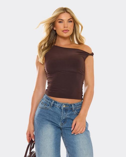 Twist Strap Detail Top In Brown Slinky