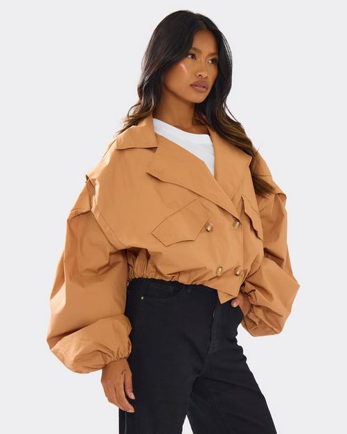 Long Sleeve Cinched Waist Cropped Trench Coat In Chocolate