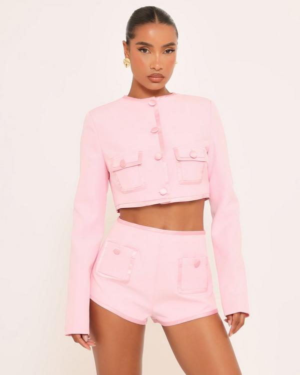 Long Sleeve Button Detail Cropped Tailored Blazer In Pink