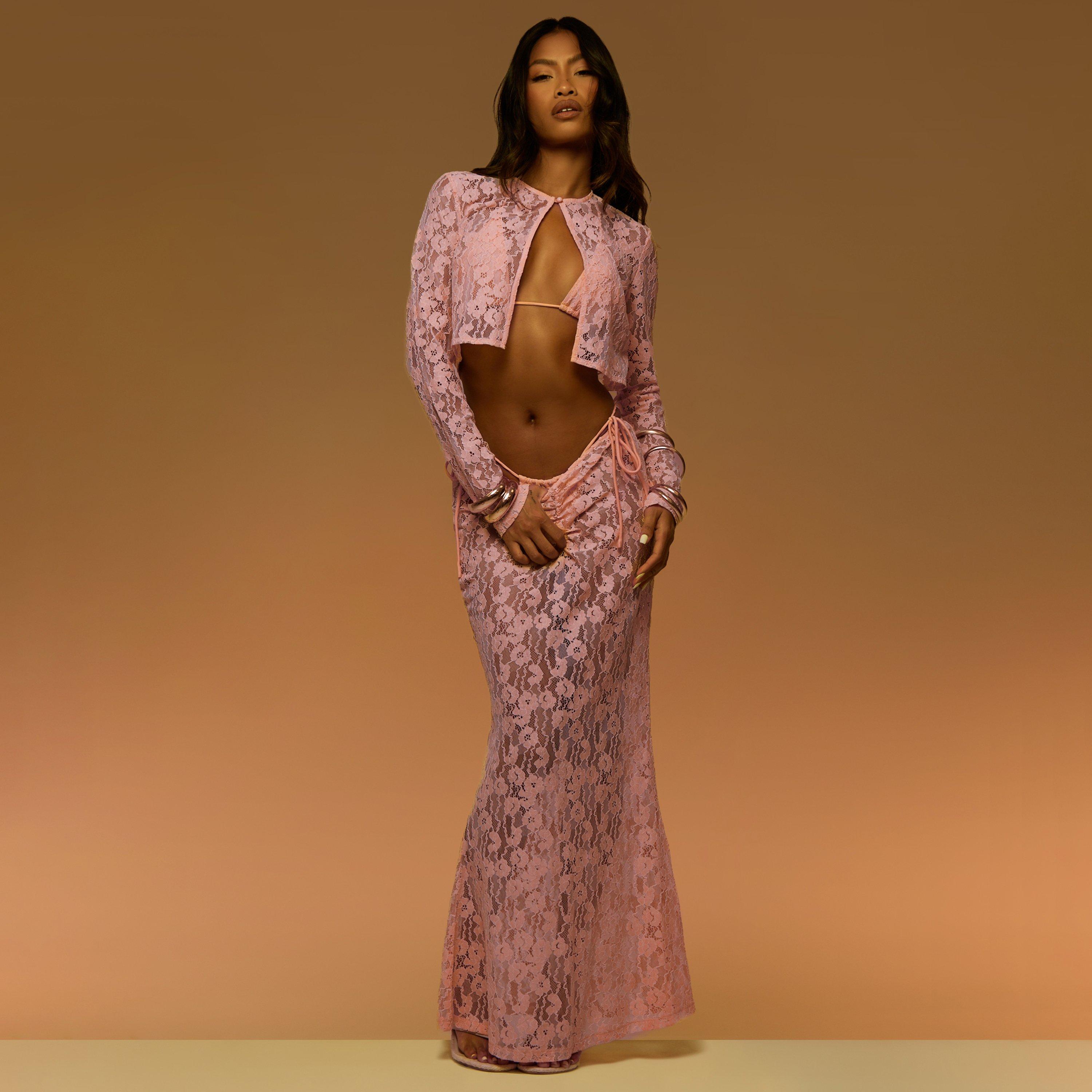 Dipped Waist Ruched Front Maxi Skirt In Baby Pink Lace, Women’s
