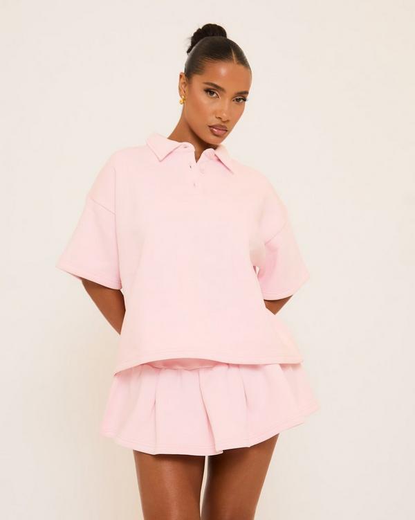 Short Sleeve Polo Collar Detail Oversized Sweatshirt In Pink