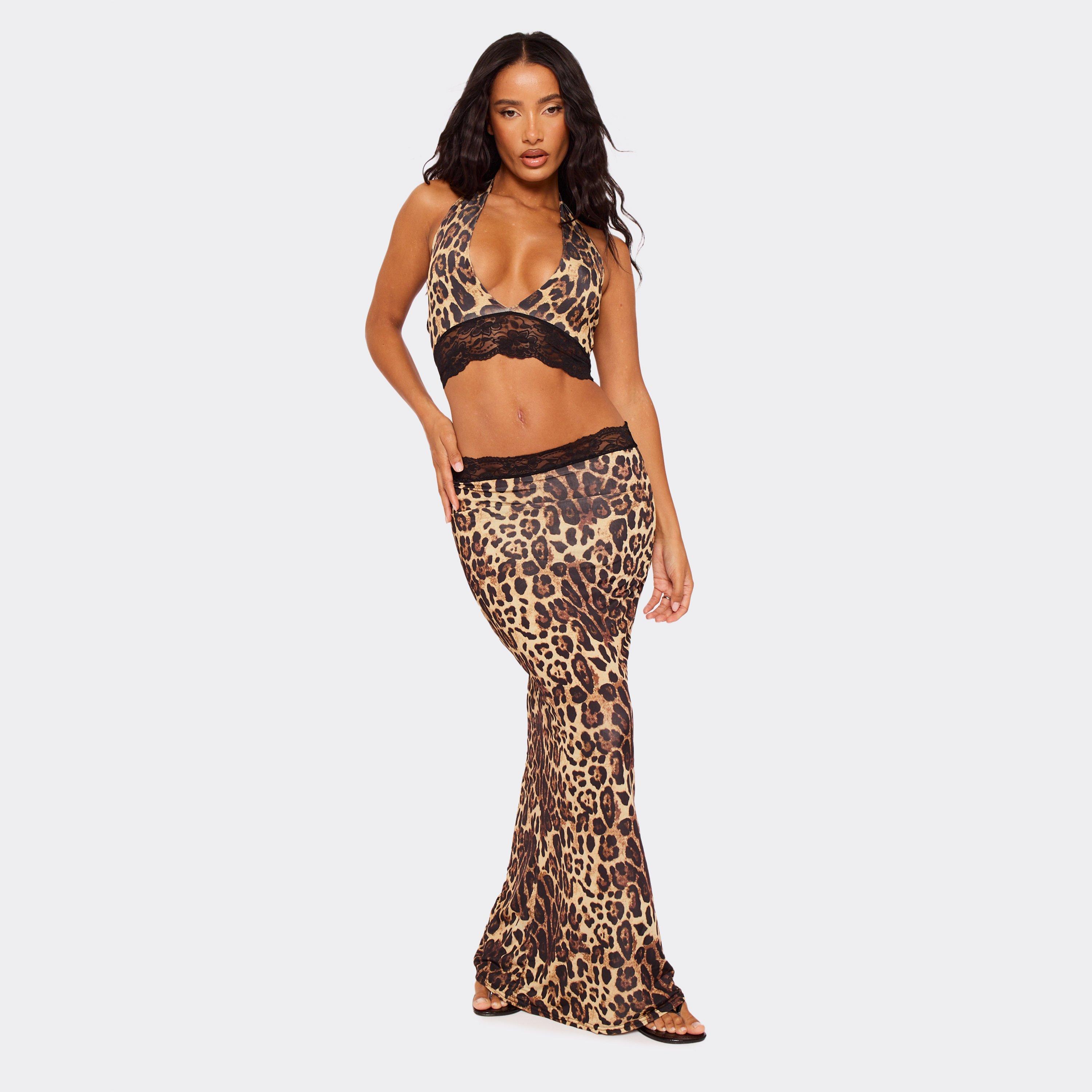 Mid Rise Contrast Lace Hem Maxi Skirt In Brown Leopard Print, Women's Size UK 14